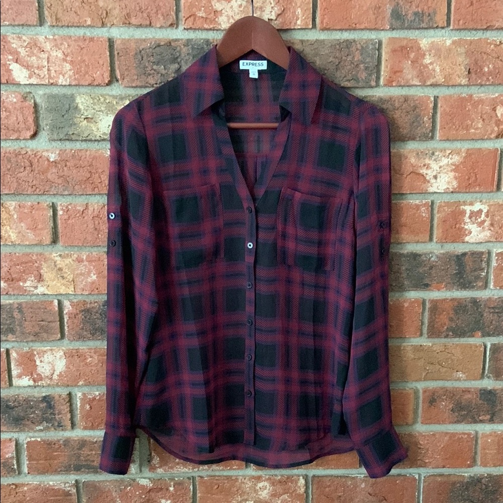 Express Red Plaid Lightweight Long Sleeve Button Up Top
